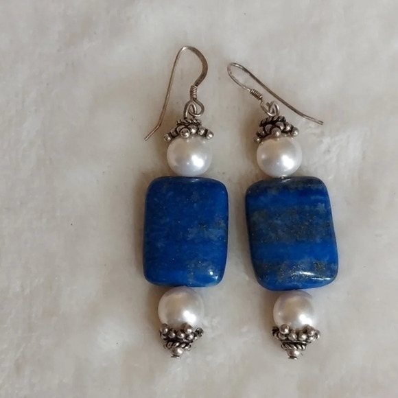 Cultured Pearl Lapis‎ Lazuli Sterling SilverDangle earrings - Picture 4 of 7